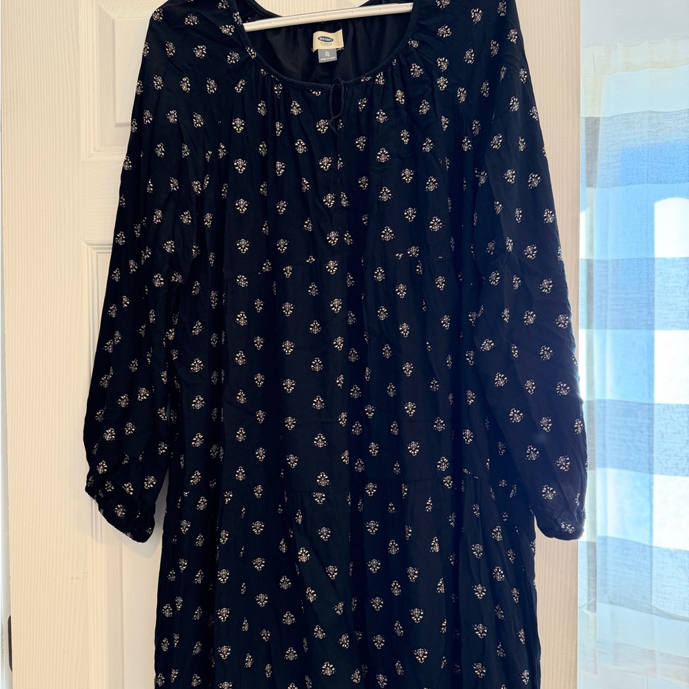 Old Navy Black Dress with Small White Floral Print, Long Sleeve